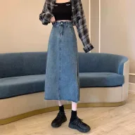 High Waist A Line Denim Skirt Vintage Style Mid Length with Asymmetrical Slit Casual Summer Wear