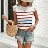 Lace Trim Ruffle Sleeve Striped T Shirt Summer Casual Style Lightweight Fabric Wholesale Available