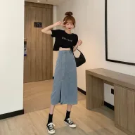 High Waist A Line Denim Skirt Vintage Style Mid Length Design Casual Wear for Spring and Summer