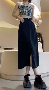Plus Size Black Denim A Line Skirt with High Waist and Side Slit for Spring Summer Wholesale private label