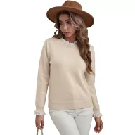 Lace Panel Round Neck Sweater French Style Soft Fabric Solid Color Womens Fashion for Spring Fall Wholesale