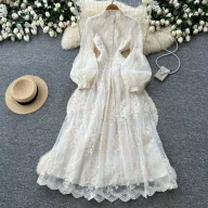 French Court Style Embroidered Lace Dress Puff Sleeves High Neck Waist Tie Elegant Long Dress for Autumn Wholesale