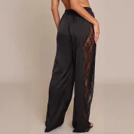 Womens Satin Lace Loose Fitting Floor Length Pants Solid Color Fashionable Elegant Design Perfect for Parties and