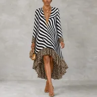 Elegant Long Sleeve V Neck Dress Ruffle Hem for Holiday Wear in Polyester
