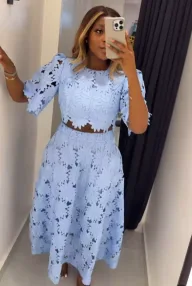 French Design Hollow Out Top and Casual Set Womens Two Piece Outfit Fashionable and Comfortable Wholesale Available