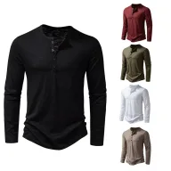 Mens Long Sleeve Collarless T Shirt in Solid Colors Made of Polyester for Spring Casual Wear
