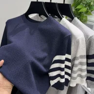 Mens Short Sleeve Striped Knitted T Shirt with Breathable Fabric in Multiple Colors and Sizes