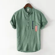 Mens Loose Fit Short Sleeve Solid Linen Shirt with Stand Collar for Summer