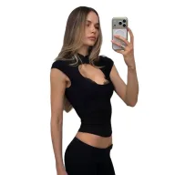 Womens Summer Fashion Top Slim Fit Hollow Lace Trim Short Sleeve Solid Color Casual Wear Wholesale Available