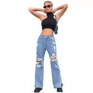 Womens Distressed Denim Jeans Casual Street Style Blue Wash Available in XS to L Wholesale Supply low MOQ