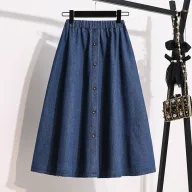 Blue Denim Skirt for Women Elastic Waist Button Design Casual Street Style Available in Multiple Sizes and Wholesale
