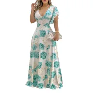 Elegant Womens Beach Dress High Waist Short Sleeve V Neck Polyester available in Multiple Sizes