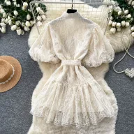 French Court Style Lantern Sleeve Lace Dress for Women V Neck Waist Tie A Line Silhouette Elegant Summer Occasion