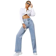 High Waist Casual Straight Leg Jeans for Women Light Blue Comfortable Fit low MOQ