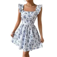 Floral Print Backless Dress Slim Fit Short Sleeve V Neck Summer Style Available in White and Blue Wholesale Low MOQ