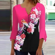 V Neck Loose Fit Ruffle Sleeve Printed T Shirt for Women in Red Casual Summer Style