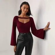Bell Sleeve T Shirt for Women Hollow Design Slim Fit Long Sleeve Top Casual Office Wear