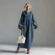 Long Sleeve V Neck Polyester Office Lady Dress for Women in Blue Available in Sizes S to XXL
