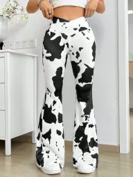 Cow Print High Waist Flare Pants for Women Stretchy Fabric Casual Style Available in Sizes S to XL Wholesale