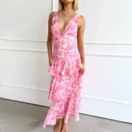 Fashionable Printed Cake Dress Summer Deep V Neck Shoulder Straps Vacation Style Wholesale Available