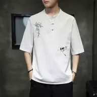 Mens Loose Fit Short Sleeve T Shirt Embroidered Linen Fabric Summer Casual Wear Available in Multiple Sizes and Colors