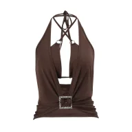Womens Casual Two Piece Set Sexy Hollow Deep V Neck Halter Top Spring Fashion Available in Brown S M L