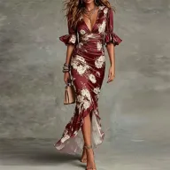 Vintage Elegant V Neck Floral Ruffle Maxi Dress Summer Collection Perfect for Parties and Events Wholesale Available