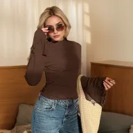Slim Fit Long Sleeve T Shirt with Ruffle Detail and High Neck in Brown for Women Wholesale Ready to Ship