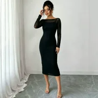 Two Piece Dress Set Off Shoulder Long Sleeve Sheer Overlay Bodycon Midi Skirt Casual or Party Wear Wholesale