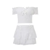 French Style Sweet Puff Sleeve Top and Ruffled Hem Skirt Set Winter Collection Elegant Casual Wear Wholesale Ava
