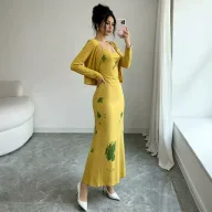 French Style Blue Floral Bodycon Dress Set Slim Fit Waist Cinching Spaghetti Straps Spring Fall Vacation Wear