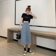 High Waist A Line Denim Skirt Vintage Style Mid Length Design Casual Wear for Spring and Summer