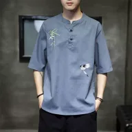 Mens Loose Fit Short Sleeve T Shirt Embroidered Linen Fabric Summer Casual Wear Available in Multiple Sizes and Colors