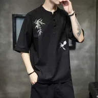 Mens Loose Fit Short Sleeve T Shirt Embroidered Linen Fabric Summer Casual Wear Available in Multiple Sizes and Colors