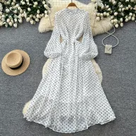 French Style High End Stand Collar Lantern Sleeve Polka Dot Dress Waist Defining Slim Fit Elegant Long Dress Autumn