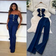 Womens Denim Set Metallic Button Cami Top and High Waist Slim Flare Pants Casual Fashion