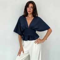 V Neck Batwing Sleeve Top Backless Slim Fit Ruffle Hem Casual Wear Summer Style Wholesale Available