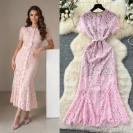 Luxury Lace Mermaid Dress Short Sleeve Round Neck Rhinestone Embellished Slim Fit Evening Gown for Formal Events