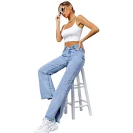 Casual Womens Straight Leg Denim Jeans Boyfriend Style Blue Color ready to ship