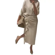 Summer Casual Dress for Women Solid Color Split Hem Pleated Design Vacation Style Wholesale Available