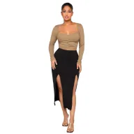 Vintage Square Neck Long Sleeve T Shirt for Women Slim Fit Knitted Top in Khaki Casual Wear