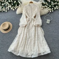 French Romantic Style Lace A Line Dress for Women Stand Collar Lantern Sleeves Waist Defining Elegant Mesh Perfect