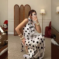 Womens Summer Two Piece Set Polka Dot Print V Neck Sleeveless Top and Midi Skirt Casual Fashion