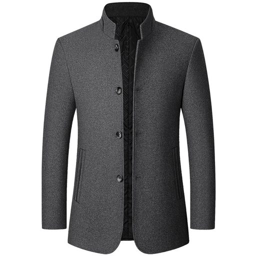 Mens Woolen Jacket Stand Collar Mid Length Warm Fabric Fall Winter Style for Middle Aged Wholesa