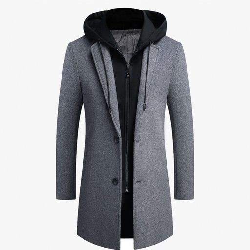 Mens Casual Wool Blend Overcoat Mid Length Removable Hood Trendy Design Versatile Outerwear for