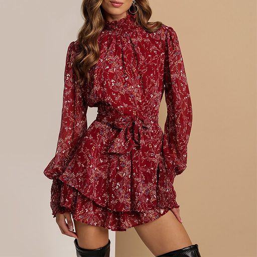Floral Print High Waist Pleated Dress for Women Long Sleeve Ruffle Hem Casual Spring Style