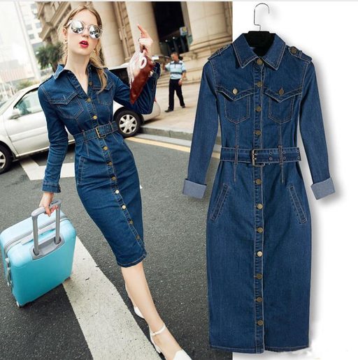 Womens Long Sleeve A Line Denim Dress with Button Closure Casual Fit Polo Neck Available in Plus Sizes Wholesale