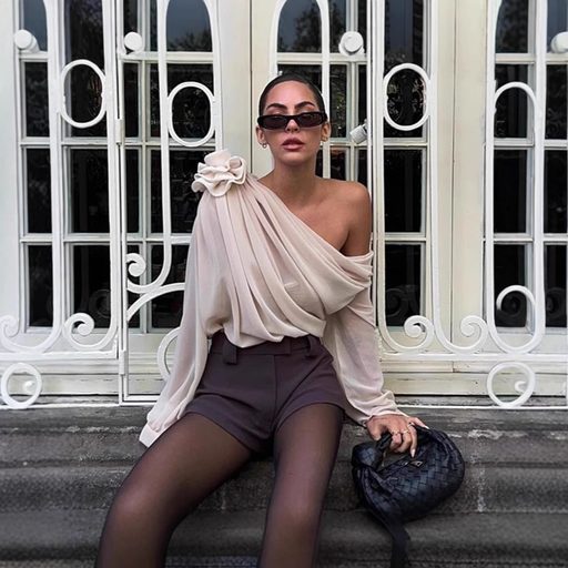 Womens Long Sleeve T Shirt Sheer Mesh Floral Embellishments Asymmetrical Shoulder Trendy Street Style Wholesale