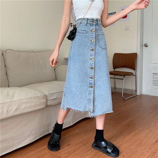 High Waist A Line Denim Skirt for Women Irregular Hem Mid Length Button Closure Casual Summer Wear