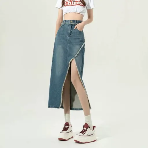High Waist A Line Denim Skirt Vintage Style Frayed Hem Irregular Split Design Spring Fashion